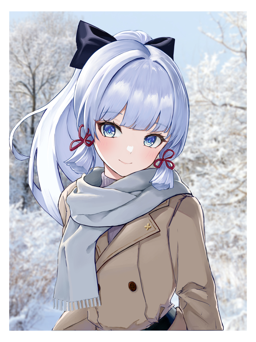 1girl, absurdres, ayaka_(genshin_impact), blue_eyes, blue_hair, coat, genshin_impact, head_tilt