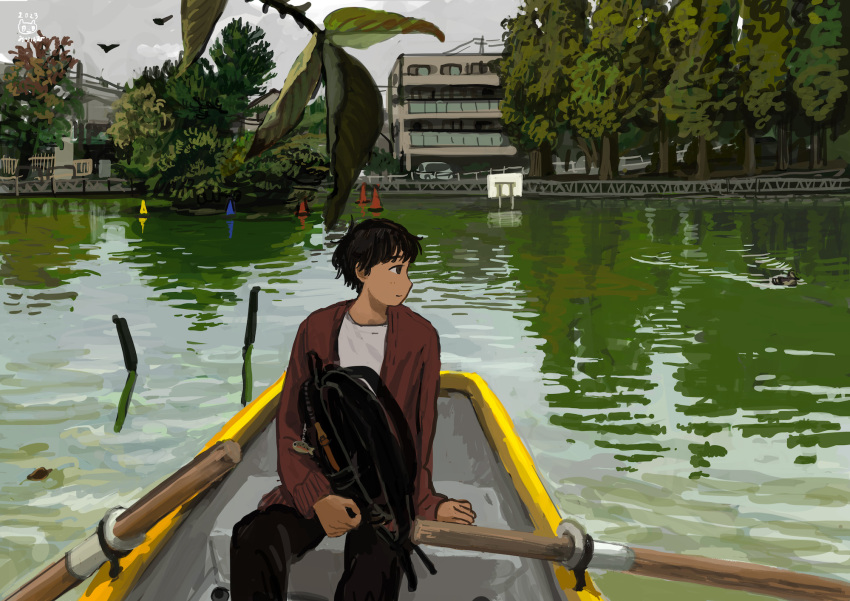 1boy, arm_support, artist_logo, backpack, bag, bag_charm, bag_on_lap, bird