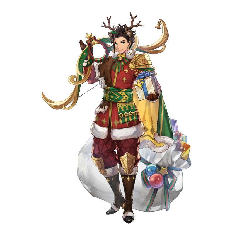1boy, absurdres, animal_costume, animal_ears, antlers, bow_(weapon), braid, brown_hair, cape, claude_von_riegan, claude_von_riegan(yuletide_schemer), claude_von_riegan_(yuletide_schemer), dark-skinned_male, dark_skin, deer_ears, earrings, fire_emblem, fire_emblem:_three_houses, fire_emblem_heroes, gift, gold_cape, green_cape, green_eyes, highres, holding, holding_bow_(weapon), holding_gift, holding_weapon, horns, jewelry, looking_at_viewer, multicolored_cape, nijihayashi, nintendo, official_alternate_costume, official_art, reindeer_antlers, reindeer_costume, sack, single_braid, smile, solo, weapon