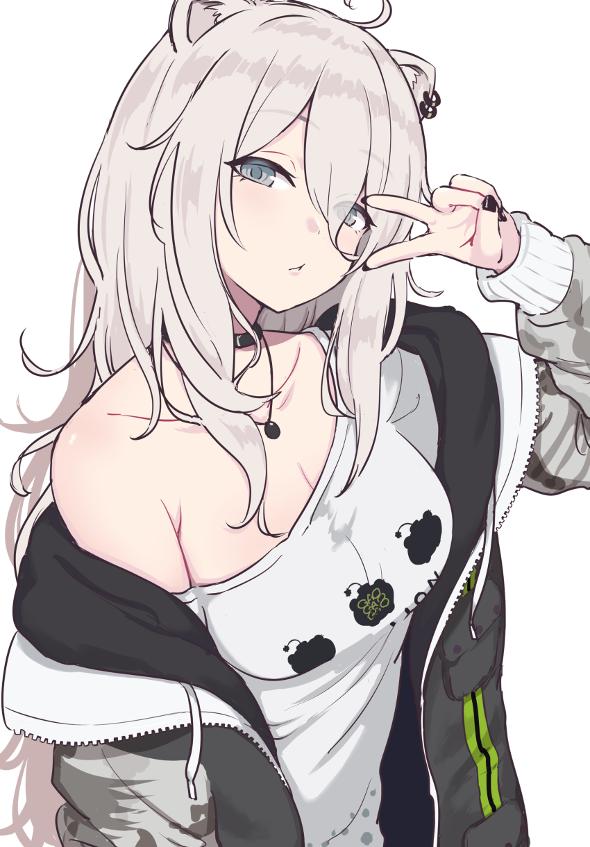 1girl, absurdres, ahoge, animal_ears, black_choker, black_nails, breasts, choker, cleavage, commentary_request, eternaltanbo, grey_eyes, grey_hair, head_tilt, highres, hololive, jacket, lion_ears, long_hair, long_sleeves, looking_at_viewer, medium_breasts, nail_polish, off-shoulder_shirt, off_shoulder, official_alternate_costume, open_clothes, open_jacket, shirt, shishiro_botan, shishiro_botan_(midnight_convenience_store), simple_background, single_bare_shoulder, solo, upper_body, v, v_over_eye, very_long_hair, virtual_youtuber, white_background, white_shirt