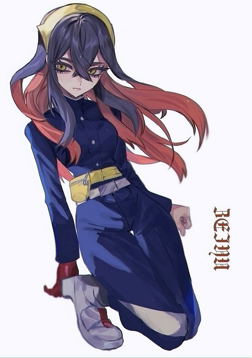 1girl, absurdres, belt, black_hair, blue_gakuran, carmine_(pokemon), closed_mouth, colored_inner_hair, commentary_request, crossed_bangs, gakuran, gloves, hair_between_eyes, hairband, highres, long_hair, long_sleeves, mole, mole_under_eye, multicolored_hair, nakiyu, nintendo, pokemon, pokemon_scarlet_and_violet, red_gloves, red_hair, school_uniform, shoes, simple_background, single_glove, sneakers, solo, two-tone_hair, white_background, white_belt, white_shoes, yellow_eyes, yellow_hairband