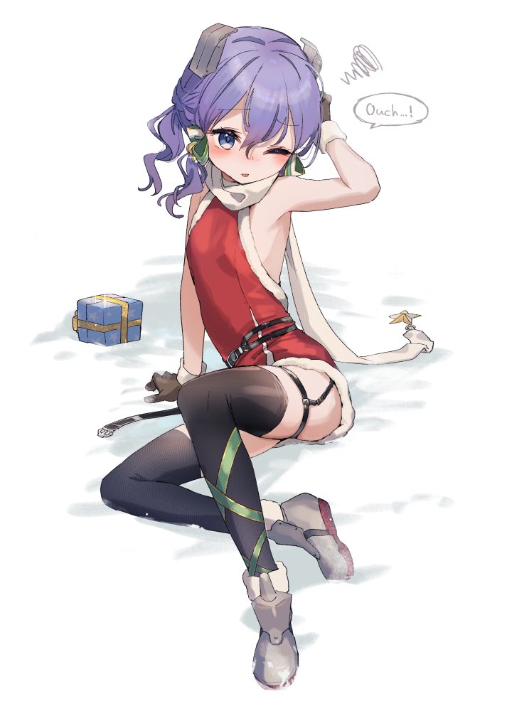 1girl, black_thighhighs, blue_eyes, blush, box, breasts, brown_gloves, dress