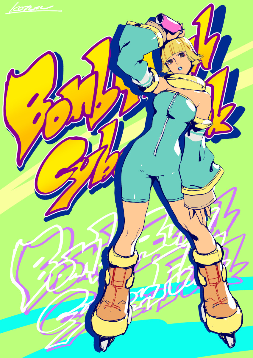 1girl, absurdres, bel_(bomb_rush_cyberfunk), black_eyes, blonde_hair, blue_lips, bob_cut, bomb_rush_cyberfunk