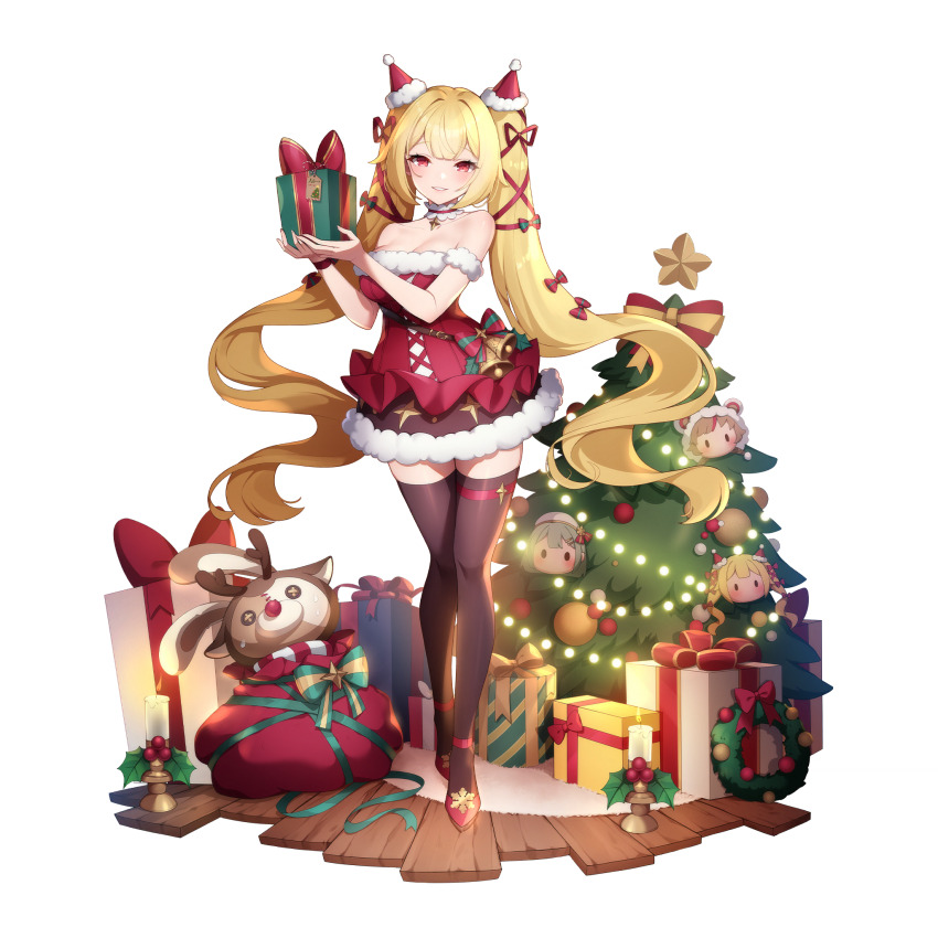 1girl, bare_shoulders, bell, black_thighhighs, blonde_hair, blunt_bangs, blush, bow, breasts, choker, christmas, christmas_lights, christmas_ornaments, christmas_present, christmas_star, christmas_wreath, cleavage, collarbone, cosplay, dress, eversoul, frilled_choker, frilled_dress, frills, full_body, fur_trim, game_cg, garnet_(eversoul), gift, grin, hat, highres, holding, holding_gift, holly, jingle_bell, long_hair, looking_at_viewer, medium_breasts, non-web_source, official_alternate_costume, official_alternate_hairstyle, official_art, parted_lips, red_bow, red_dress, red_eyes, red_footwear, red_ribbon, ribbon, rudolph_the_red_nosed_reindeer, rudolph_the_red_nosed_reindeer_(cosplay), santa_hat, smile, solo, standing, stitches, strapless, stuffed_animal, stuffed_reindeer, stuffed_toy, tachi-e, thigh_strap, thighhighs, transparent_background, twintails, wooden_floor, wreath, zettai_ryouiki