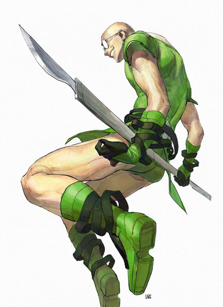 1boy, bald, black_gloves, dr._baldhead, faust_(guilty_gear), gloves, grin, guilty_gear, guilty_gear_strive, highres, l4r3justdead, male_focus, round_eyewear, scalpel, simple_background, smile