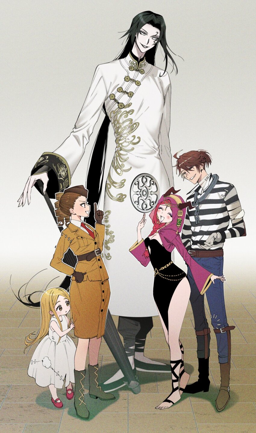 2boys, 3girls, :d, :o, ^_^, bandaged_neck, bandages, barefoot_sandals_(jewelry)