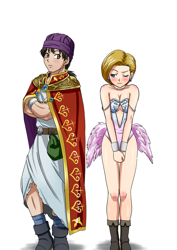 1boy, 1girl, angel_leotard, bad_id, bad_pixiv_id, bare_shoulders, bianca_(dq5), blonde_hair