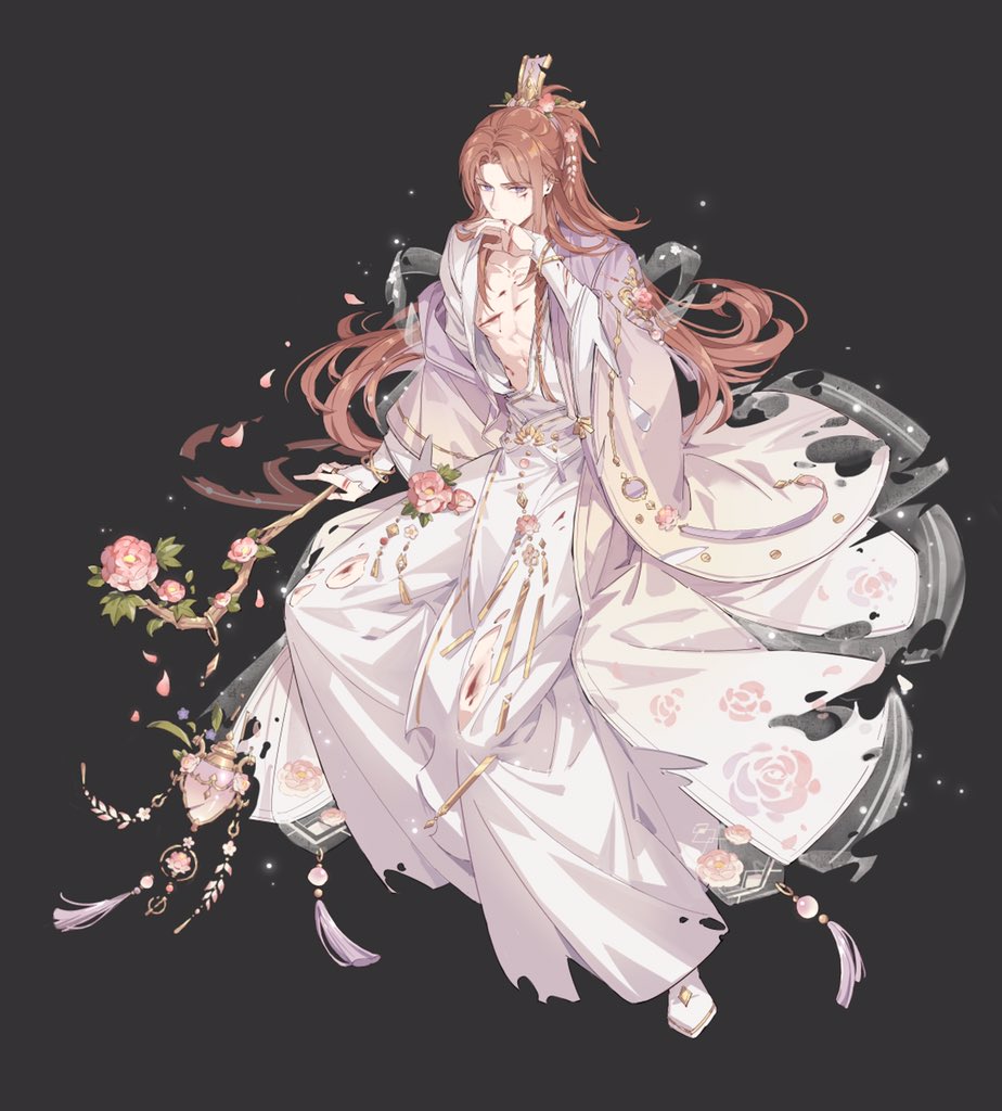1boy, abs, arm_support, bishounen, black_background, blood, boots, braid, bridal_gauntlets, broken, chinese_clothes, coat, collarbone, covering_own_mouth, cuts, floral_print, flower, flower_ornament, full_body, gold_trim, hagoromo, hair_flower, hair_ornament, hanfu, hibiscus, holding, holding_staff, injury, layered_sleeves, loladestiny, long_hair, long_sleeves, looking_at_viewer, male_focus, official_art, open_clothes, open_robe, parted_bangs, pink_coat, pink_flower, pink_hair, purple_eyes, robe, shawl, side_braid, simple_background, sitting, snow_starch_(the_tale_of_food), solo, staff, tassel, the_tale_of_food, torn_clothes, white_boots, white_bridal_gauntlets, white_robe, wide_ponytail, wide_sleeves, xiao_guan_(headdress), yaopei