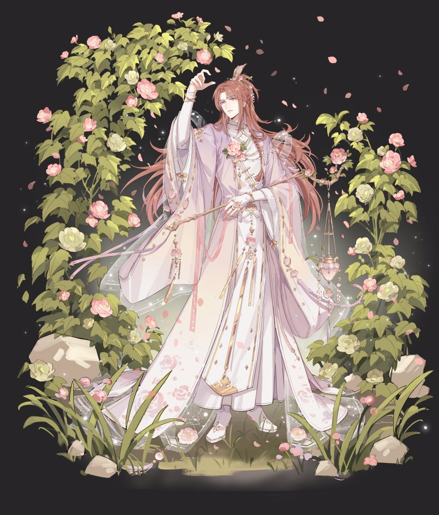 1boy, bishounen, black_background, boots, bracelet, braid, bridal_gauntlets, chinese_clothes, closed_mouth, coat, falling_petals, floral_print, flower, flower_ornament, full_body, gold_trim, grass, hagoromo, hair_flower, hair_ornament, hand_up, hanfu, hibiscus, holding, holding_staff, jewelry, layered_sleeves, loladestiny, long_hair, long_sleeves, looking_at_flowers, looking_to_the_side, looking_up, male_focus, official_art, parted_bangs, petals, pink_coat, pink_flower, pink_hair, pink_hanfu, plant, purple_eyes, robe, rock, shawl, side_braid, snow_starch_(the_tale_of_food), solo, staff, standing, tassel, the_tale_of_food, white_boots, white_bridal_gauntlets, white_flower, white_robe, wide_ponytail, wide_sleeves, xiao_guan_(headdress), yaopei