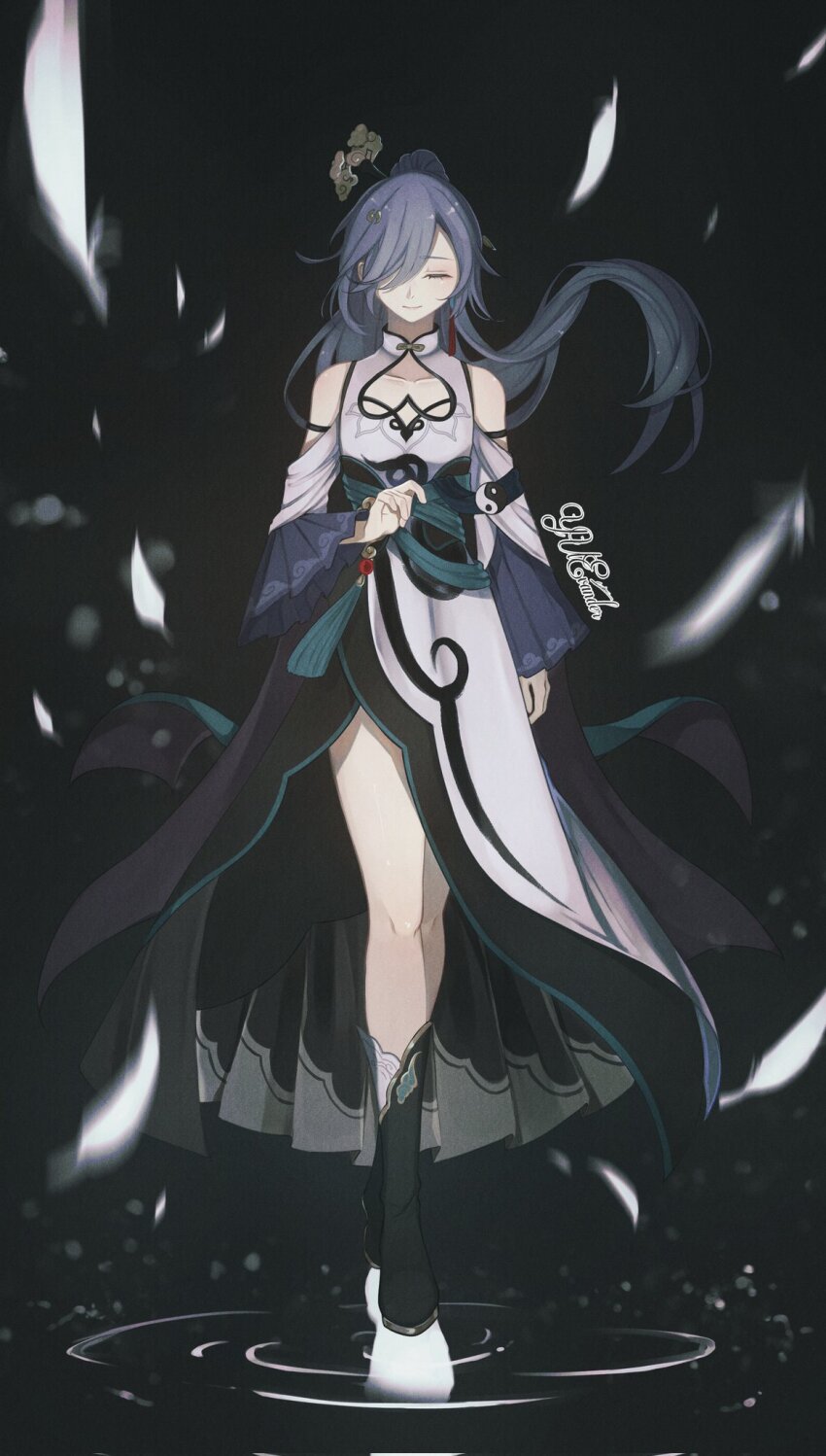 1girl, bare_shoulders, bird_hair_ornament, black_shoes, blue_hair, breasts, china_dress, chinese_clothes