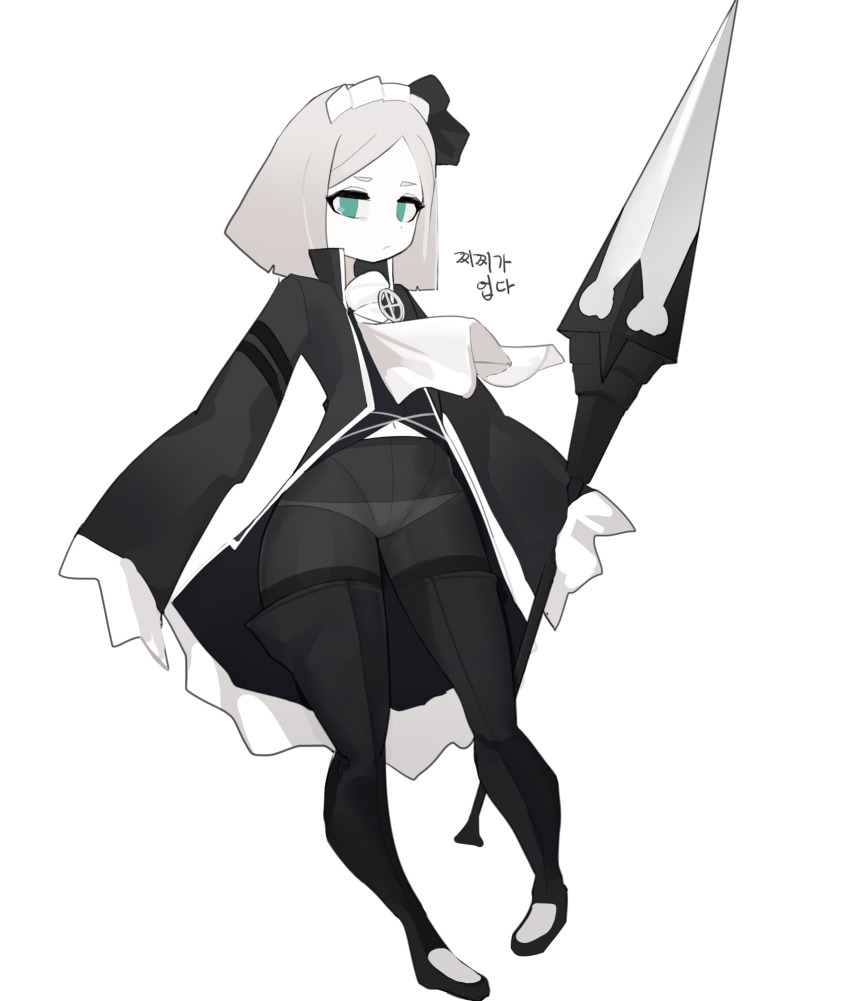 1girl, ascot, black_coat, black_pantyhose, closed_mouth, coat, full_body, gya_rb, highres, holding, holding_polearm, holding_weapon, library_of_ruina, long_sleeves, looking_at_viewer, pamela_(project_moon), panties, panties_under_pantyhose, pantyhose, polearm, project_moon, short_hair, simple_background, solo, spear, thick_thighs, thighs, underwear, weapon, white_ascot, white_background, white_hair, white_panties