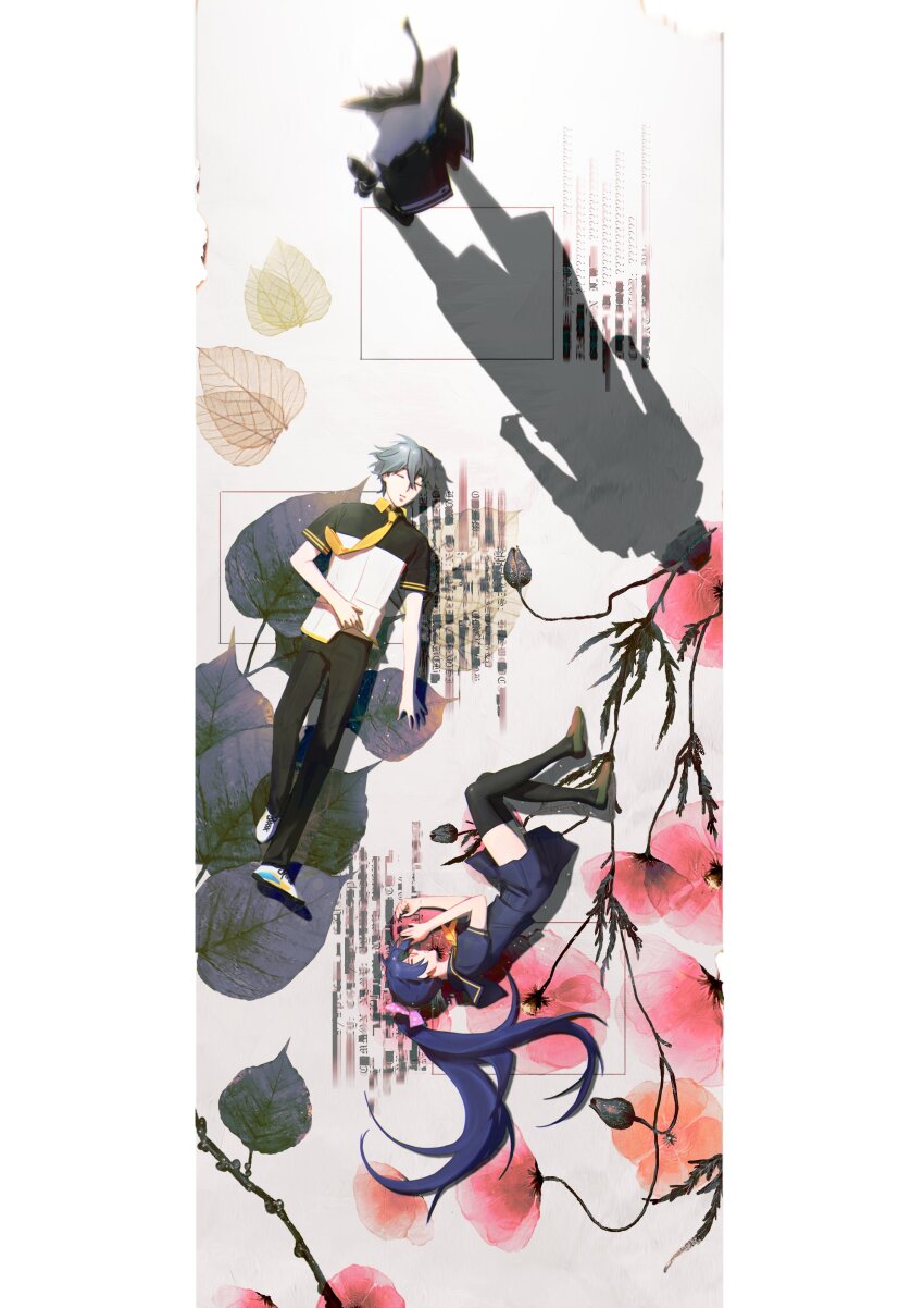 1girl, 2boys, absurdres, aged_down, black_coat, black_pants, black_shirt, black_thighhighs