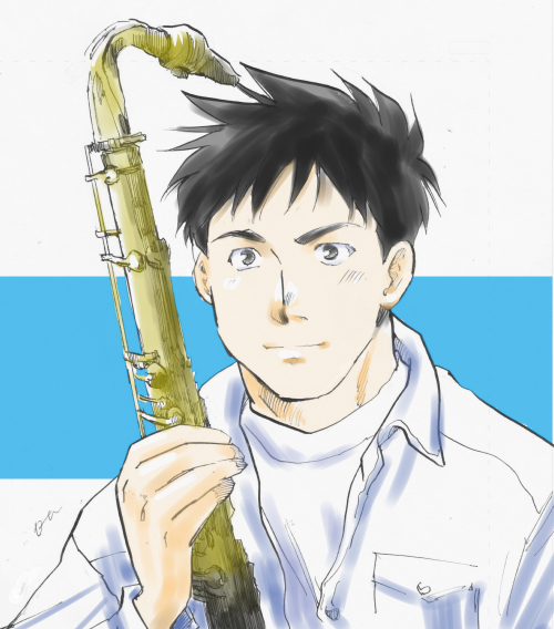1boy, black_eyes, black_hair, blue_giant, holding, holding_instrument, holding_saxophone, instrument