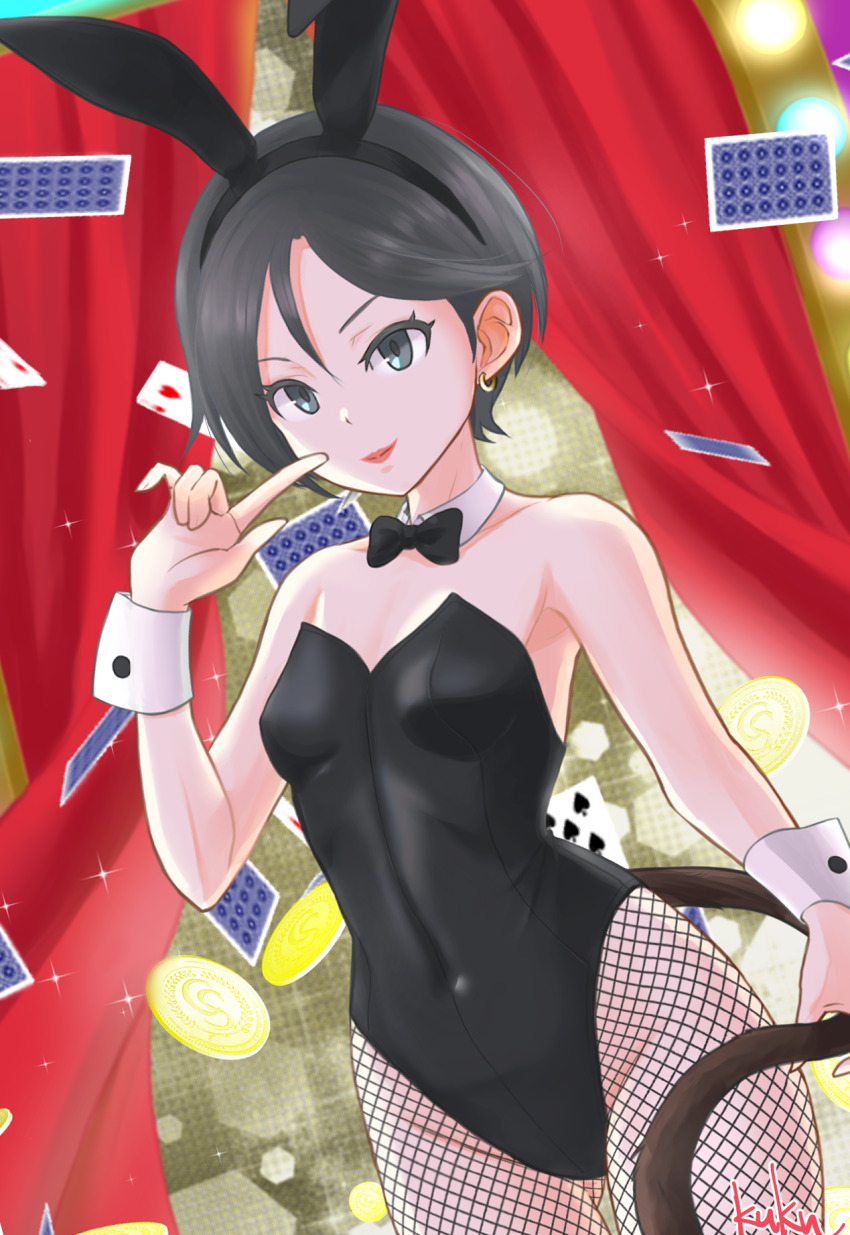 1girl, animal_ear_hairband, animal_ears, black_bow, black_bowtie, black_eyes, black_hair, black_hairband