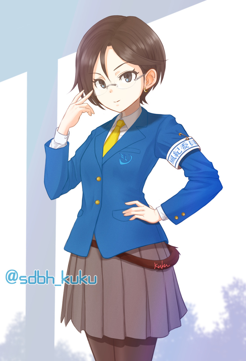 1girl, adjusting_eyewear, armband, black_eyes, black_pantyhose, blue_jacket, breasts, brown_hair