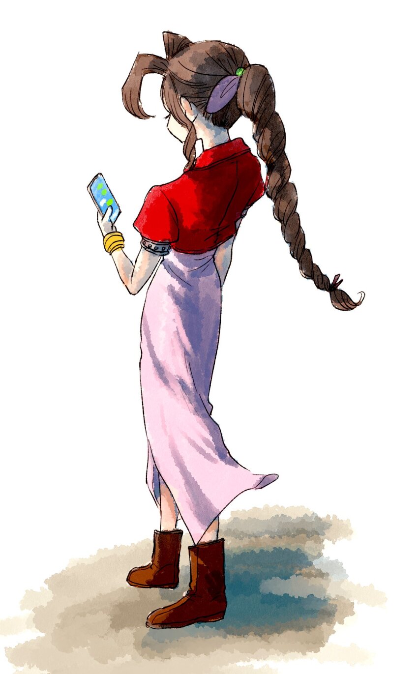 1girl, aerith_gainsborough, bangle, bracelet, braid, braided_ponytail, brown_hair, cellphone, cropped_jacket, dress, facing_away, final_fantasy, final_fantasy_vii, final_fantasy_vii_remake, hair_ribbon, highres, holding, holding_phone, jacket, jas_(jasjasjasart), jewelry, long_dress, long_hair, materia, phone, pink_dress, pink_ribbon, red_jacket, ribbon, simple_background, solo, text_messaging