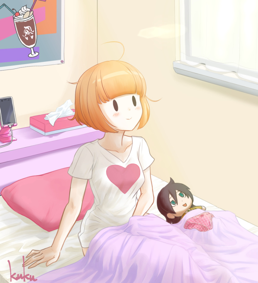 1girl, ahoge, bed, blanket, blonde_hair, bob_cut, breasts, cable