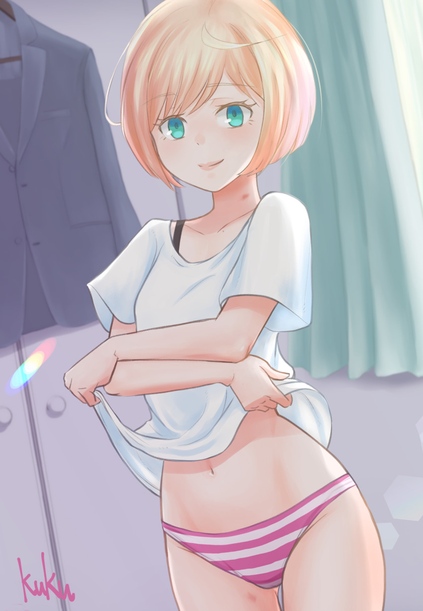 1girl, aqua_eyes, blonde_hair, blue_jacket, bra_strap, breasts, closet, clothes_hanger