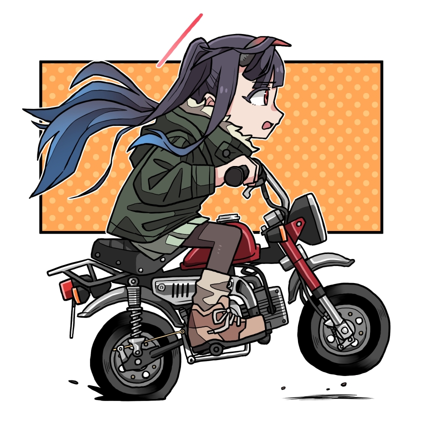 1girl, alternate_costume, black_hair, black_pantyhose, blue_archive, blunt_bangs, brown_footwear, commentary_request, demon_girl, demon_horns, driving, flat_tire, from_side, fur-trimmed_jacket, fur_trim, fuuka_(blue_archive), green_jacket, green_skirt, halo, highres, honda_cb50, horns, jacket, long_hair, long_sleeves, motor_vehicle, motorcycle, on_motorcycle, pantyhose, red_eyes, sidelocks, simple_background, skirt, solo, twintails, washin, white_background