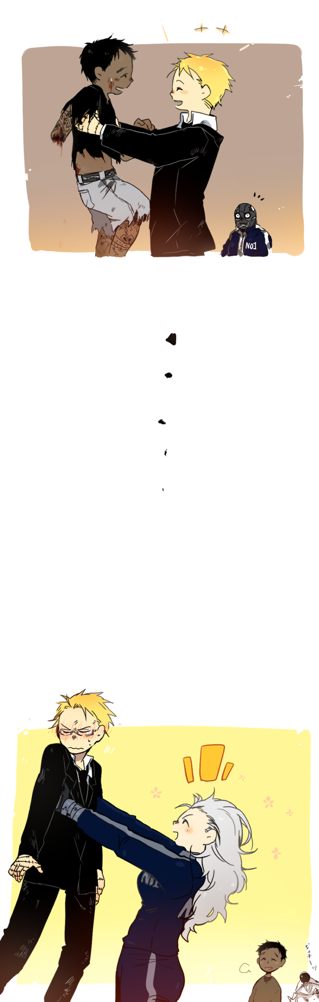 1girl, 2boys, aged_down, amputee, black_hair, blonde_hair, blood, blush