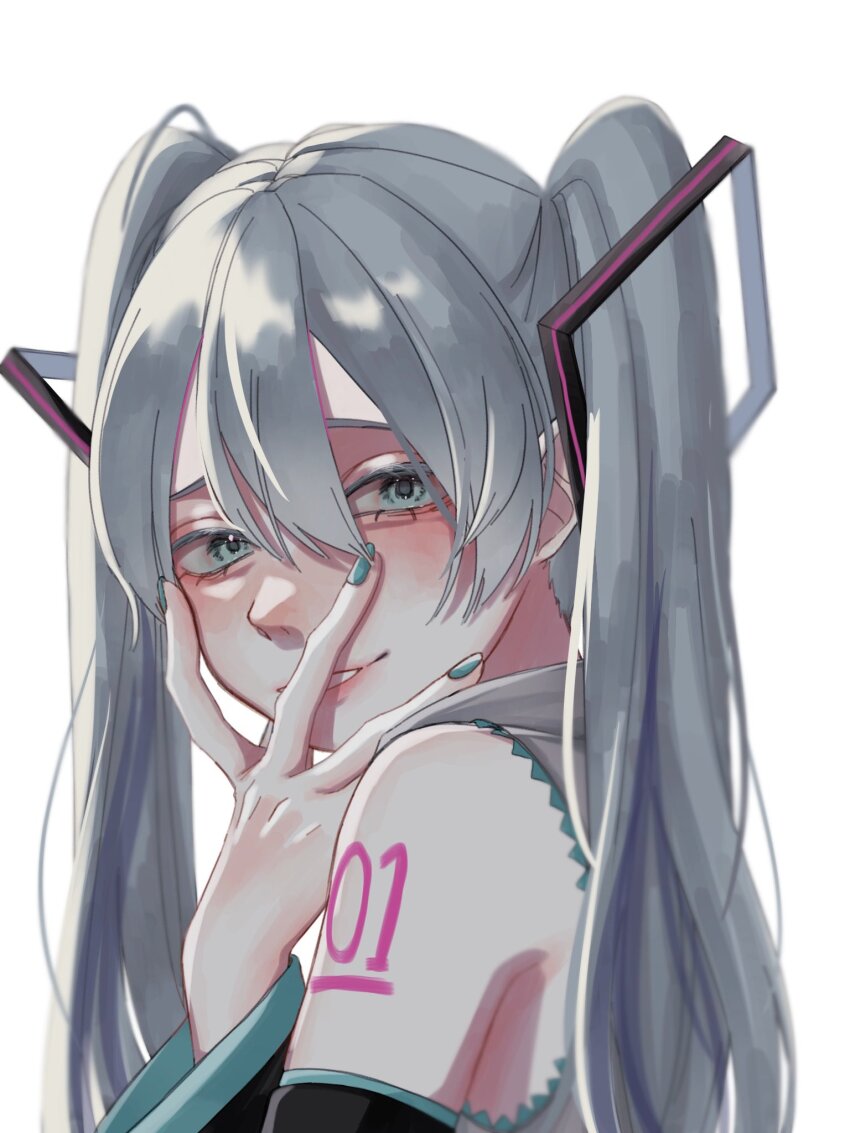 1girl, aegyo_sal, aqua_eyes, aqua_hair, aqua_nails, arm_tattoo, bare_shoulders, collared_shirt, commentary, detached_sleeves, grey_shirt, hair_between_eyes, hand_on_own_face, hatsune_miku, highres, ibispaint_(medium), long_hair, looking_at_viewer, nail_polish, shirt, simple_background, sleeveless, sleeveless_shirt, solo, tattoo, twintails, upper_body, vocaloid, white_background, yurosuke