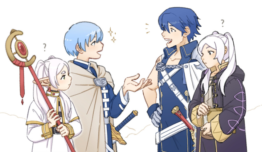 2boys, 2girls, ?, blue_hair, book, cape, chrom_(fire_emblem), cloak