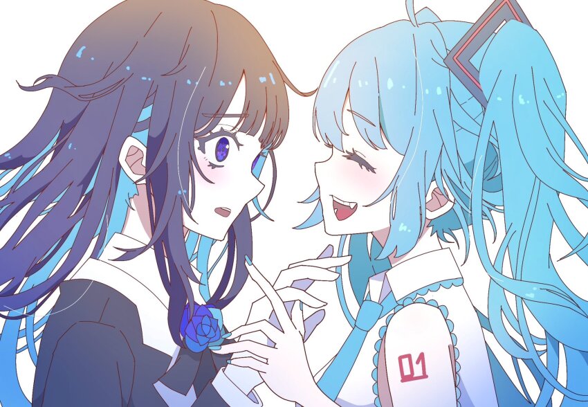 2girls, ado_(utaite), aqua_hair, aqua_necktie, arm_tattoo, black_bow, black_bowtie, black_hair, black_jacket, blue_eyes, blue_flower, blue_hair, blue_rose, bow, bowtie, brooch, chando_(ado), closed_eyes, cloud_nine_inc, collared_shirt, colored_inner_hair, commentary_request, dress_shirt, flower, flower_brooch, frilled_shirt, frills, hatsune_miku, hayakawasakushiido, highres, jacket, long_hair, long_sleeves, looking_at_another, multicolored_hair, multiple_girls, necktie, open_mouth, rose, shirt, sidelocks, simple_background, sleeveless, sleeveless_shirt, smile, tattoo, teeth, twintails, two-tone_hair, upper_body, upper_teeth_only, utaite, vocaloid, white_background