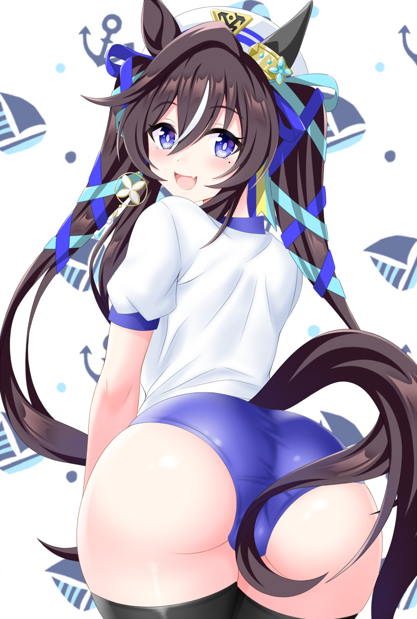 1girl, absurdres, alternate_costume, animal_ears, ass, black_hair, black_thighhighs, blue_buruma