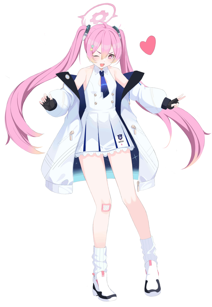+_+, 1girl, absurdres, bandaid, bandaid_on_knee, bandaid_on_leg, bare_shoulders, black_gloves, blue_archive, blue_necktie, breasts, collared_dress, commentary_request, cosplay, dress, fingerless_gloves, full_body, gloves, halo, heart, highres, jacket, koyuki_(blue_archive), kuyoumi, long_hair, long_sleeves, looking_at_viewer, momoka_(blue_archive), momoka_(blue_archive)_(cosplay), necktie, off_shoulder, one_eye_closed, open_clothes, open_jacket, open_mouth, pink_eyes, pink_hair, pink_halo, shoes, short_dress, simple_background, small_breasts, smile, socks, solo, standing, twintails, v, white_background, white_dress, white_jacket, white_shoes, white_socks