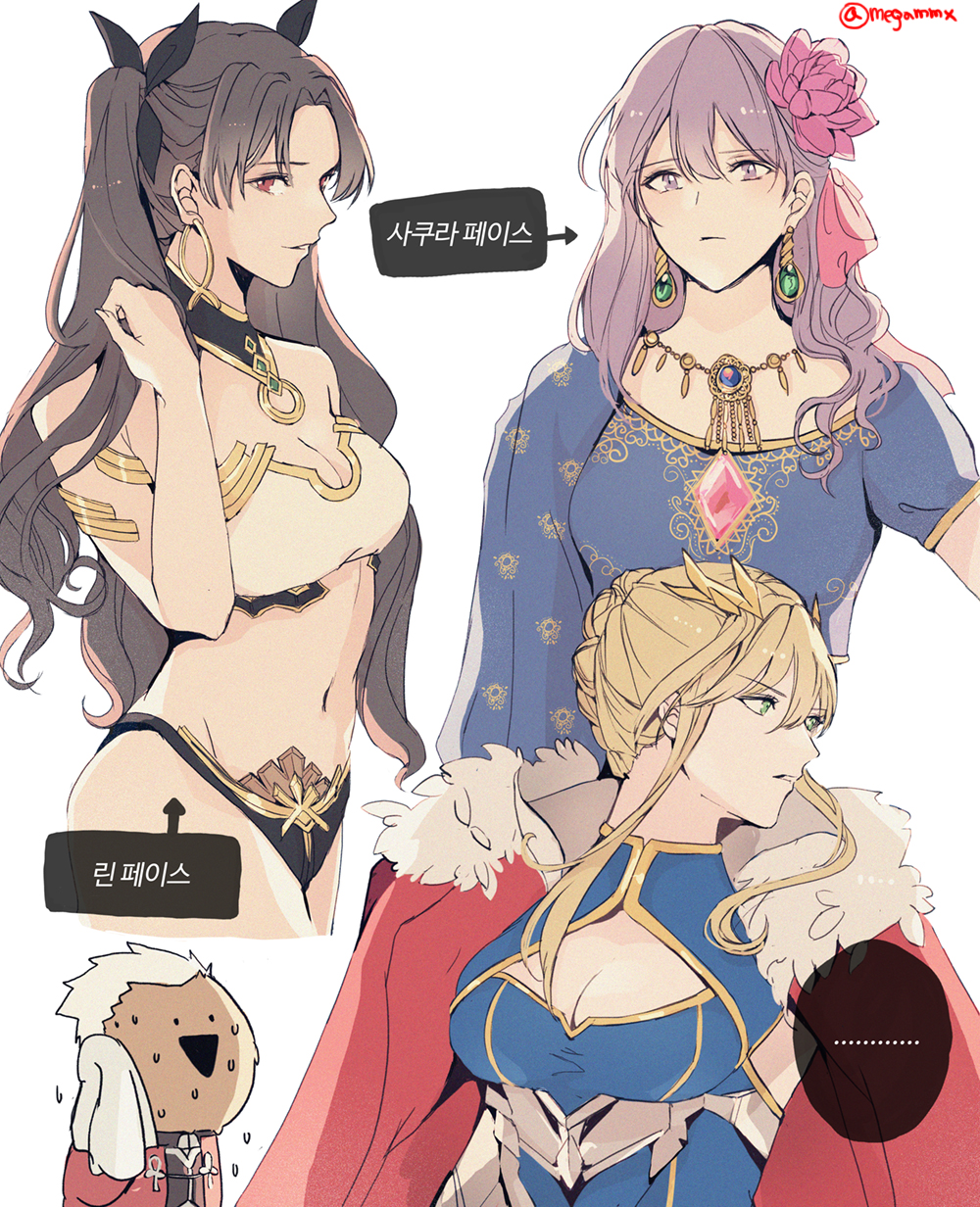 ..., 1boy, 3girls, archer_(fate), artoria_pendragon_(fate), artoria_pendragon_(lancer)_(fate), artoria_pendragon_(lancer)_(third_ascension)_(fate), bikini, black_bikini, black_hair, black_ribbon, blonde_hair, blue_gem, blue_leotard, blue_shirt, braid, breasts, cape, cleavage, cleavage_cutout, closed_mouth, clothing_cutout, commentary, cropped_legs, cropped_torso, dark-skinned_male, dark_skin, earrings, fate/grand_order, fate/stay_night, fate_(series), flower, french_braid, fur-trimmed_cape, fur_trim, gem, gold_earrings, gold_trim, green_eyes, green_gem, hair_between_eyes, hair_flower, hair_ornament, hair_ribbon, hand_up, highres, holding, holding_towel, hoop_earrings, ishtar_(fate), jacket, jewelry, korean_text, leotard, long_hair, looking_at_another, looking_at_viewer, looking_to_the_side, matou_sakura, medium_breasts, mismatched_bikini, multiple_girls, navel, neck_ring, necklace, open_mouth, parted_bangs, parted_lips, parvati_(fate), parvati_(third_ascension)_(fate), pink_flower, pink_gem, pink_ribbon, plackart, purple_eyes, purple_hair, red_cape, red_eyes, red_jacket, ribbon, shino_(mufn5785), shirt, short_hair, short_hair_with_long_locks, short_sleeves, sidelocks, simple_background, smile, spoken_ellipsis, sweatdrop, swimsuit, teeth, towel, twitter_username, two_side_up, underboob, upper_body, white_background, white_bikini, white_hair