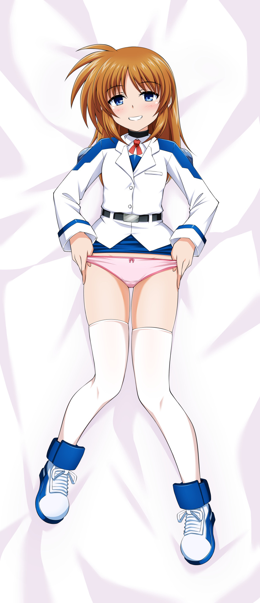 1girl, absurdres, blue_eyes, blush, breasts, brown_hair, clothes_lift, highres