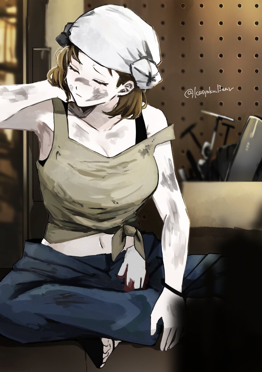 1girl, absurdres, blue_pants, bracelet, breasts, brown_shirt, cleavage, closed_eyes, closed_mouth, crossed_legs, hand_up, headscarf, highres, indoors, jewelry, kasyoku_bear, large_breasts, limbus_company, midriff, navel, olga_(project_moon), pants, project_moon, sandals, shirt, sitting, solo, white_headscarf, workshop