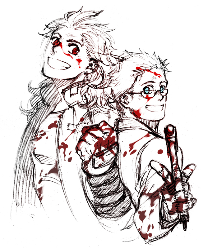 1boy, 1girl, blood, blue_eyes, dorohedoro, earrings, glasses, gloves