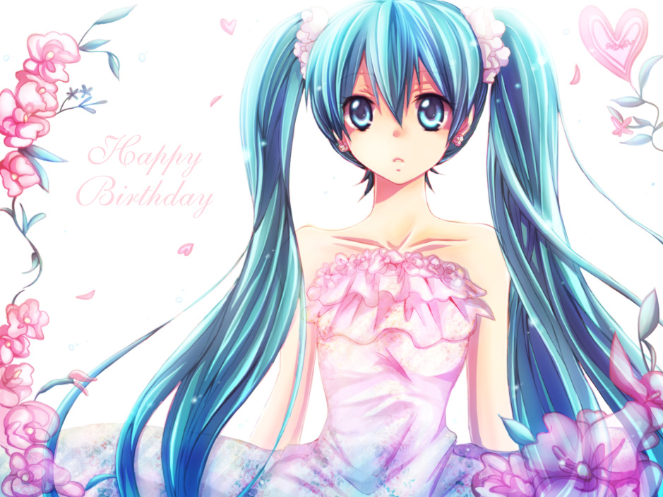 1girl, aqua_eyes, aqua_hair, bad_id, dress, earrings, female_focus, flower, happy_birthday, hatsune_miku, hiromi_(pico_milk), jewelry, long_hair, solo, strapless, strapless_dress, twintails, very_long_hair, vocaloid