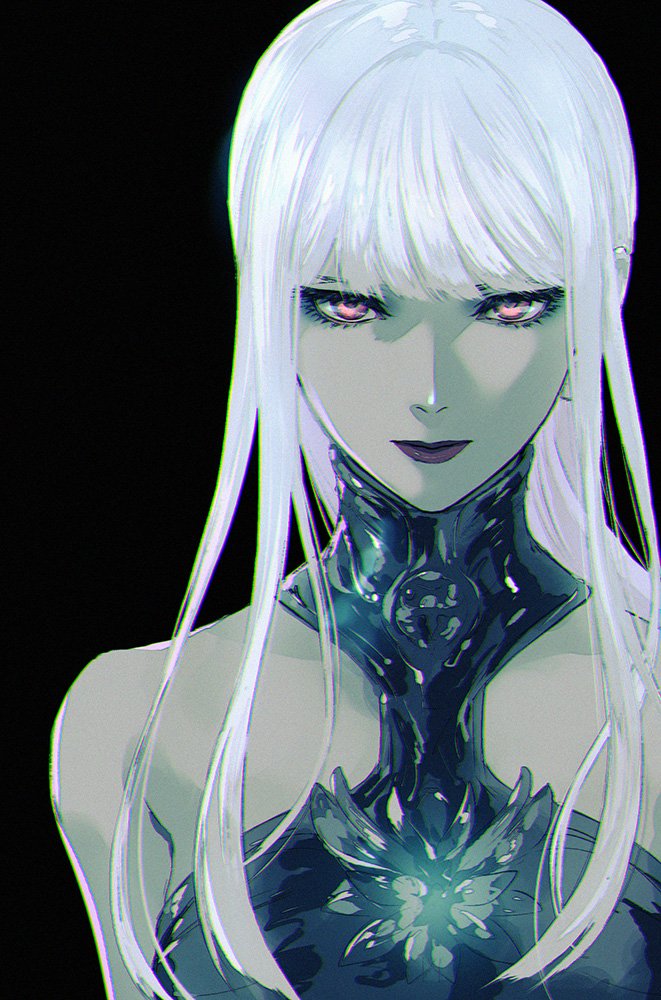 1girl, bare_shoulders, black_background, black_bodysuit, blunt_bangs, bodysuit, collarbone, collared_bodysuit, colored_skin, commentary_request, expressionless, final_fantasy, final_fantasy_xiv, grey_skin, looking_at_viewer, morumoru_(kuromrmr), omega-f, omega_(final_fantasy), pink_eyes, purple_lips, sidelocks, simple_background, solo, straight-on, straight_hair, upper_body, white_hair