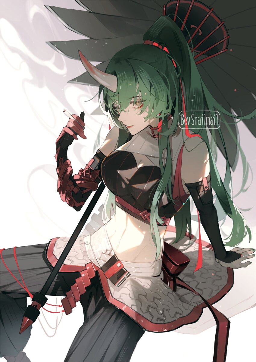 1girl, absurdres, alternate_costume, arknights, arm_support, armor, armored_skirt, artist_name, bare_shoulders, between_fingers, bevsnailmail, black_gloves, black_pants, black_shirt, black_sleeves, breasts, buttons, cigarette, cleavage, cleavage_cutout, clothing_cutout, collared_shirt, commentary, crop_top, cropped_shirt, detached_sleeves, elbow_gauntlets, elbow_gloves, expressionless, eyelashes, eyeliner, feet_out_of_frame, fingernails, from_side, gauntlets, gloves, green_hair, green_nails, groin_tendon, hair_between_eyes, hair_flowing_over, hair_tie, hakama, hakama_pants, hand_up, high_collar, high_ponytail, highres, holding, holding_cigarette, horns, hoshiguma_(ambience_synesthesia)_(arknights), hoshiguma_(arknights), invisible_chair, japanese_armor, japanese_clothes, kusazuri, light_particles, lips, lipstick, long_hair, long_sleeves, looking_at_viewer, looking_to_the_side, makeup, medium_breasts, midriff, multicolored_gloves, multicolored_shirt, nail_polish, navel, oil-paper_umbrella, oni, pants, parted_lips, patterned, patterned_clothing, ponytail, profile, red_eyeliner, red_gloves, red_horns, red_lips, red_ribbon, ribbon, shade, shadow, shirt, sidelighting, sidelocks, sideways_glance, signature, simple_background, single_detached_sleeve, single_elbow_glove, single_gauntlet, single_glove, single_horn, sitting, skin-covered_horns, skirt, sleeveless, sleeveless_shirt, sleeves_past_wrists, smoke, solo, spread_legs, stomach, straight_hair, string, striped_clothes, striped_pants, striped_shirt, teeth, toned, turtleneck, turtleneck_shirt, two-tone_gloves, two-tone_shirt, umbrella, vertical-striped_clothes, vertical-striped_pants, vertical-striped_shirt, very_long_hair, white_background, white_shirt, white_skirt, yellow_eyes
