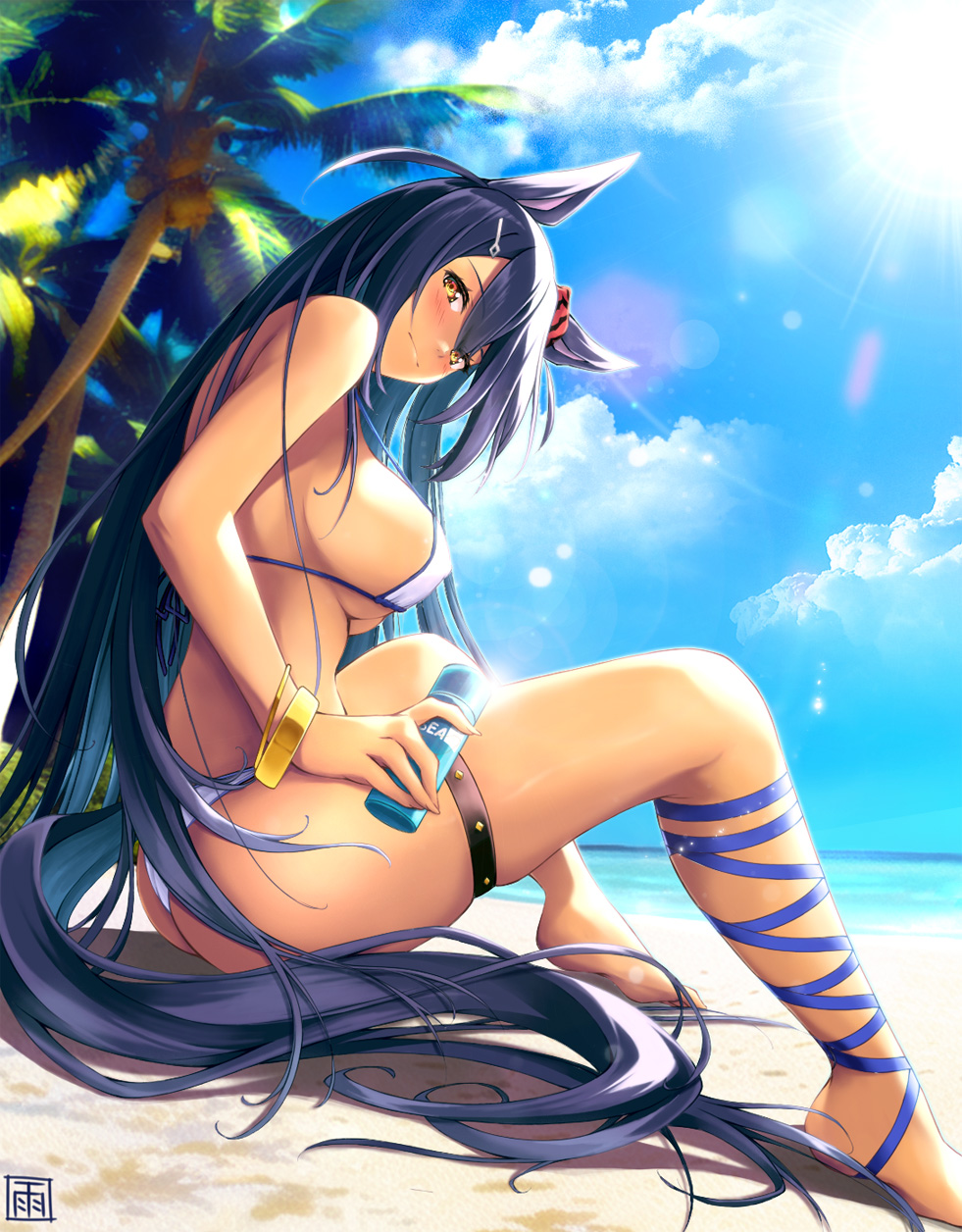 1girl, alternate_costume, amane_soh, animal_ears, barefoot, beach, bikini, black_hair