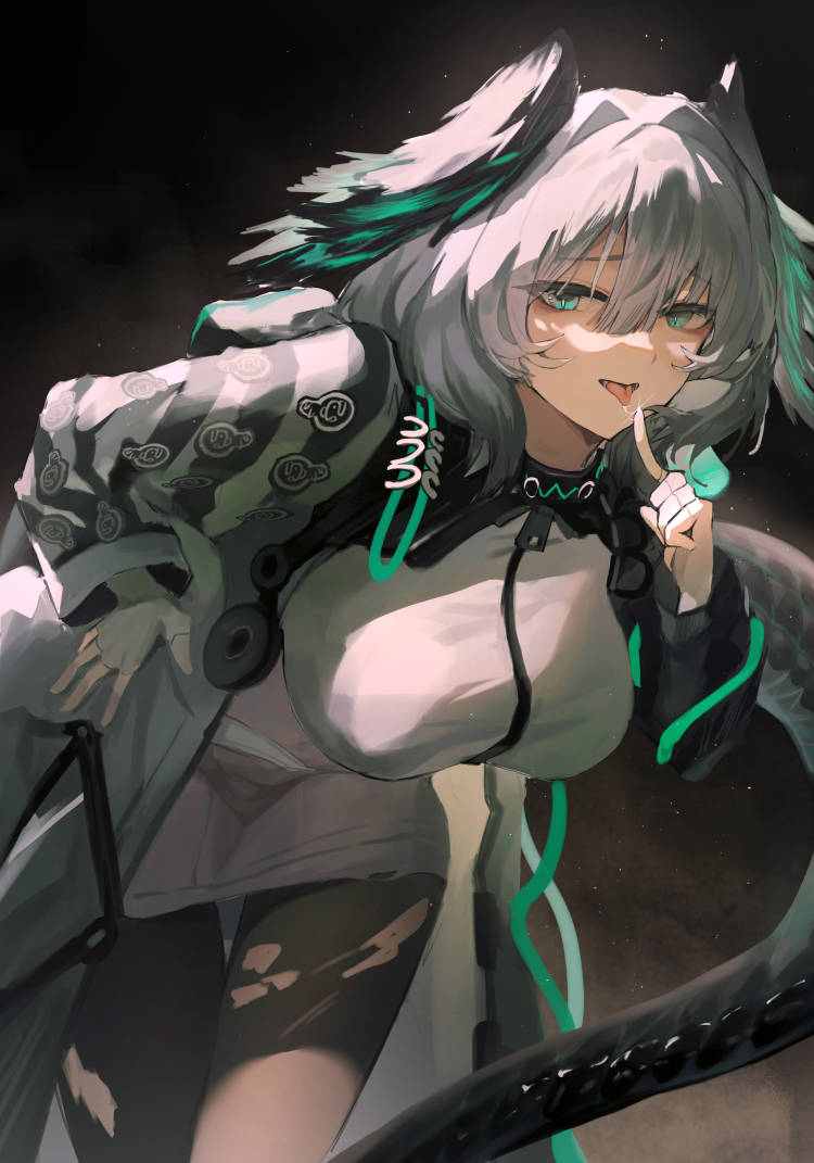 1girl, aqua_eyes, arknights, black_background, black_collar, black_pantyhose, breasts, coat