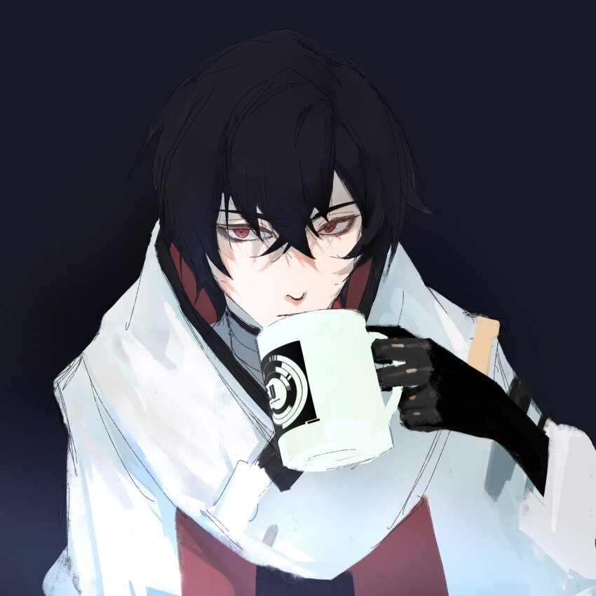 1boy, asimov_(pgr), black_background, black_gloves, black_hair, coat, crossed_bangs, cup, diee0312, gloves, hair_between_eyes, high_collar, highres, holding, holding_cup, lab_coat, looking_at_viewer, male_focus, medium_hair, mug, punishing:_gray_raven, red_eyes, sidelocks, solo, surcoat, white_coat