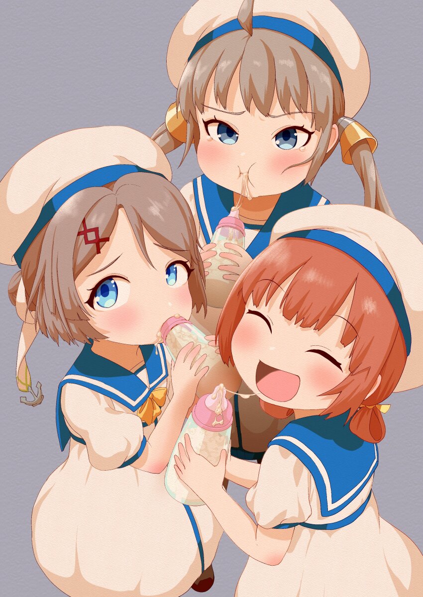 3girls, absurdres, ahoge, baby_bottle, blue_eyes, blue_sailor_collar, blush, bottle, bow, brown_hair, closed_eyes, double_bun, dress, food_in_mouth, green_eyes, grey_background, grey_hair, hair_bun, hair_rings, hair_tubes, hat, highres, kaiboukan_no._22_(kancolle), kaiboukan_no._30_(kancolle), kaiboukan_no._4_(kancolle), kantai_collection, long_hair, low_twintails, multiple_girls, pout, puffy_sleeves, sailor_collar, sailor_dress, sailor_hat, short_hair, short_sleeves, simple_background, smile, twintails, white_dress, white_headwear, yellow_bow, yonemiya_inaho