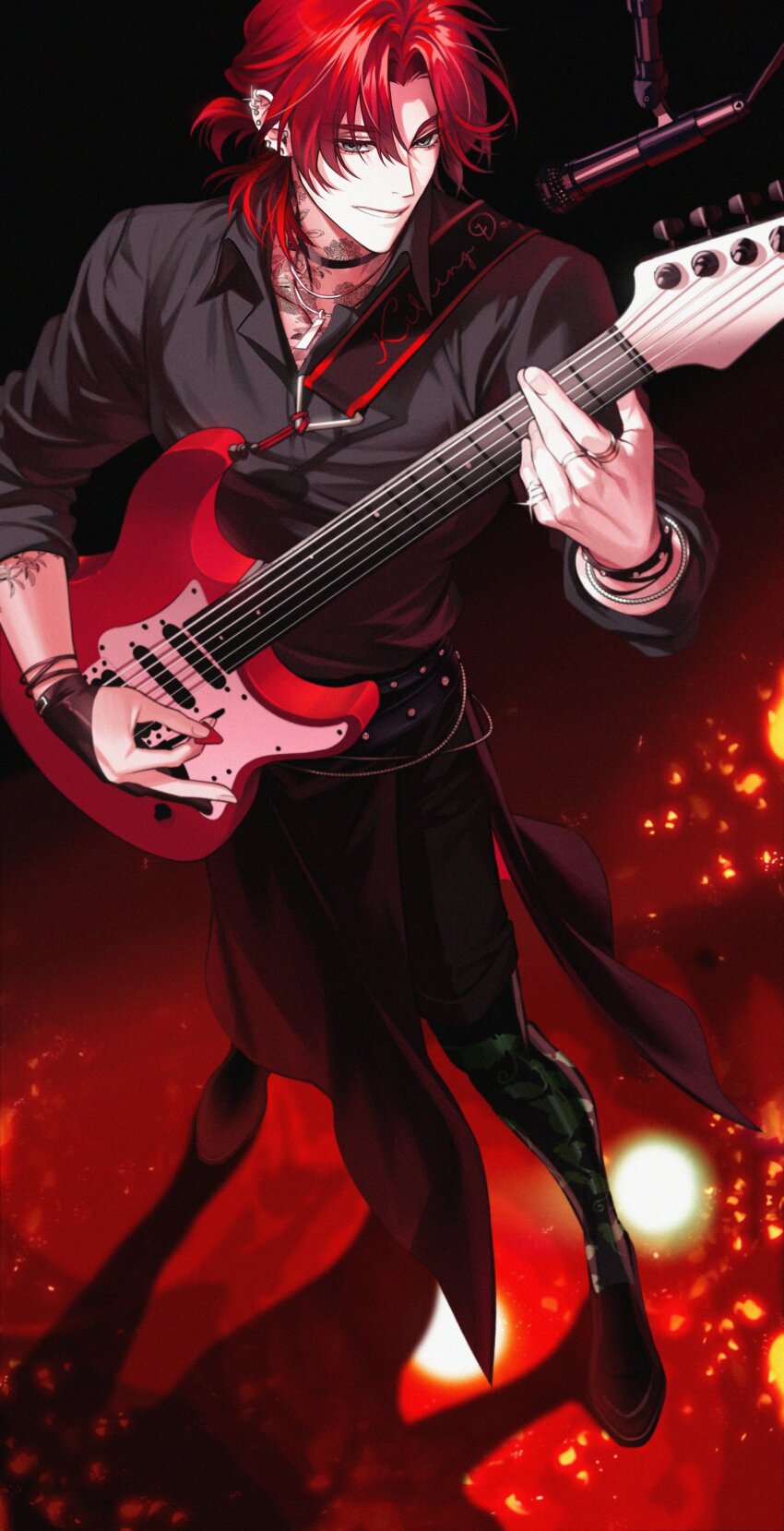 1boy, absurdres, bracelet, commentary_request, ear_piercing, electric_guitar, eoduun_badaui_deungbul-i_doeeo, flower_tattoo