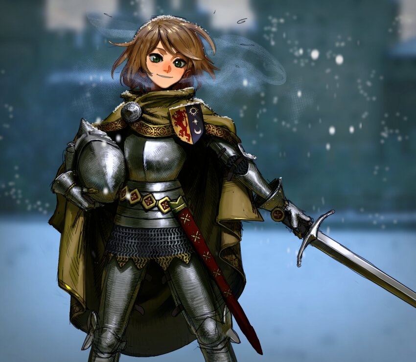 1girl, absurdres, armor, armored_boots, blue_eyes, blurry, blurry_background, boots