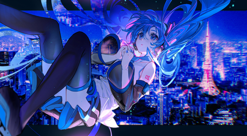 1girl, absurdly_long_hair, absurdres, black_border, black_skirt, black_sleeves, blue_eyes, blue_hair, blue_nails, blue_theme, border, building, chromatic_aberration, city, city_lights, cityscape, collared_shirt, commentary, detached_sleeves, falling, floating_hair, hair_between_eyes, hair_ornament, hatsune_miku, headphones, headset, highres, lace, lace-trimmed_shirt, lace_trim, light, long_hair, looking_up, nail_polish, night, open_mouth, outdoors, outside_border, own_hands_together, pleated_skirt, rumoon, shirt, sidelocks, skirt, sky, solo, tattoo, teikoku_shoujo_(vocaloid), tokyo_(city), tokyo_tower, twintails, very_long_hair, vocaloid, white_shirt