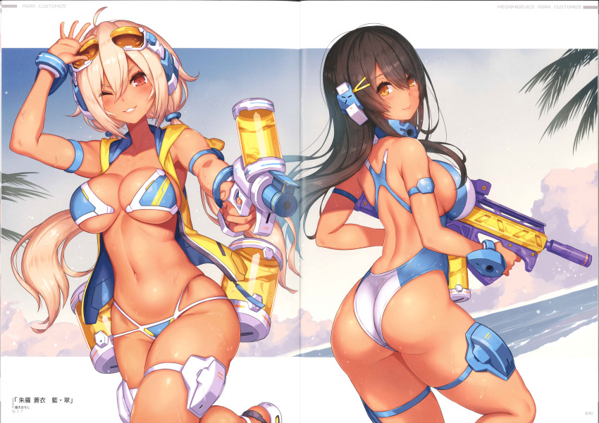 2girls, absurdres, ahoge, ass, asura_archer_aoi, asura_ninja_aoi, bare_shoulders, bikini, black_hair, blonde_hair, blush, bracelet, breasts, brown_eyes, cleavage, closed_mouth, goggles, goggles_on_head, hair_ornament, hairclip, hand_up, highleg, highleg_swimsuit, highres, holding, jacket, jewelry, large_breasts, lips, long_hair, looking_at_viewer, low_twintails, medium_breasts, megami_device, multiple_girls, navel, nidy, ocean, one-piece_swimsuit, one_eye_closed, open_clothes, open_jacket, outdoors, page_number, parted_lips, scan, shiny_skin, simple_background, sleeveless, sleeveless_jacket, smile, stomach, swimsuit, tan, thigh_strap, twintails, water, water_gun