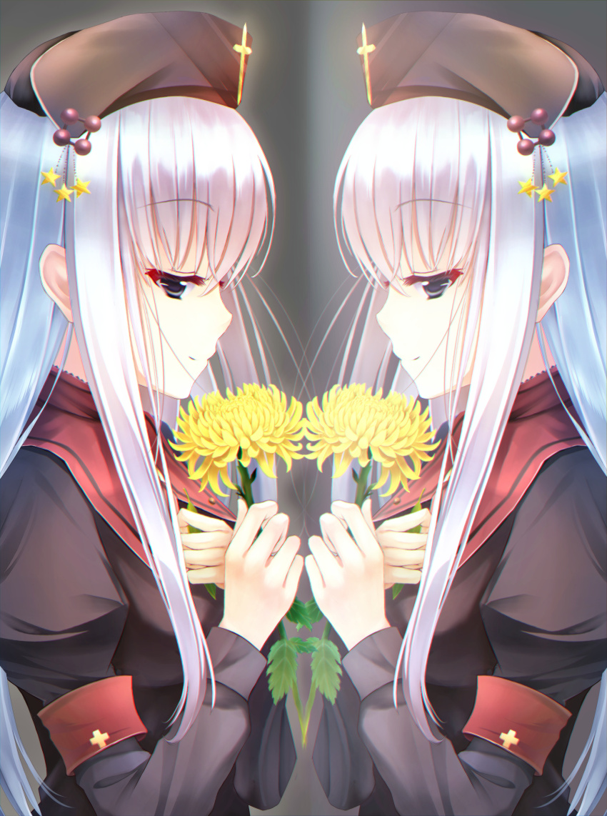 1girl, absurdres, armband, black_headwear, black_shirt, closed_mouth, commentary_request, cross, flower, from_side, grey_background, hair_between_eyes, hair_ornament, hands_up, highres, holding, holding_flower, jitome, juliet_sleeves, kitto_sumiwataru_asairo_yori_mo, kumigami_hiyo, long_hair, long_sleeves, mirror, nose, profile, puffy_sleeves, red_armband, reflection, shirt, sidelocks, simple_background, smile, solo, star_(symbol), star_hair_ornament, straight_hair, upper_body, very_long_hair, white_hair, xiexianglg, yellow_flower