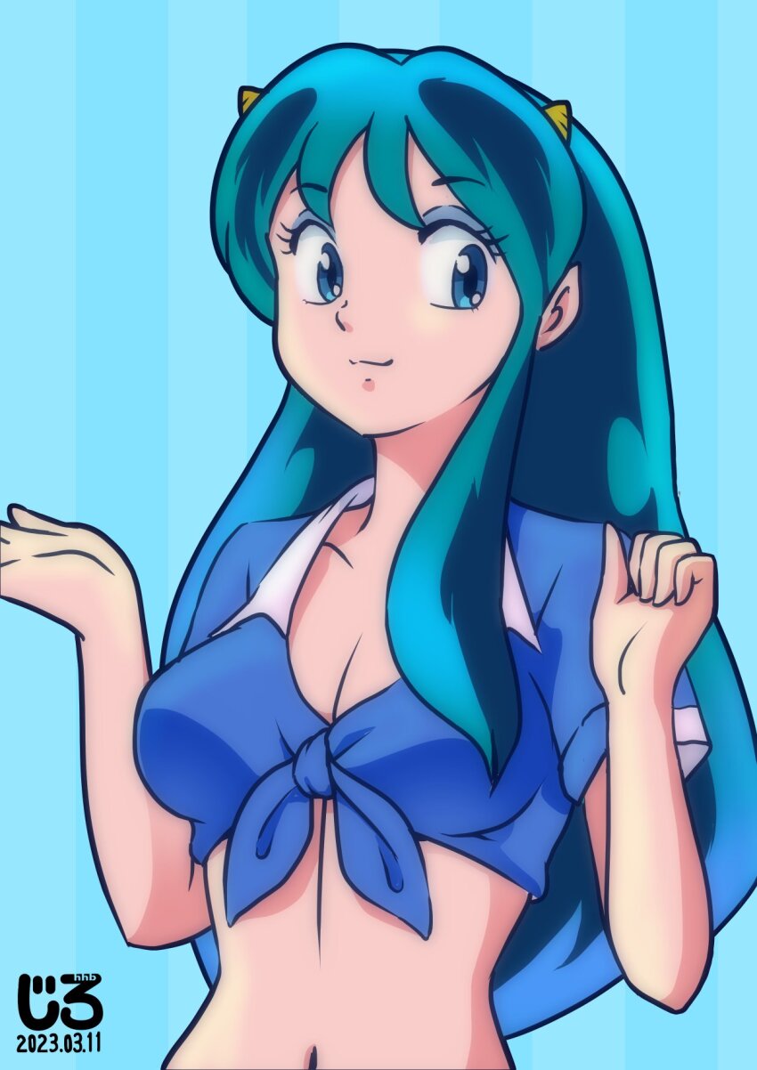 1girl, blue_shirt, breasts, cone_horns, green_hair, highres, horns, jirohhb