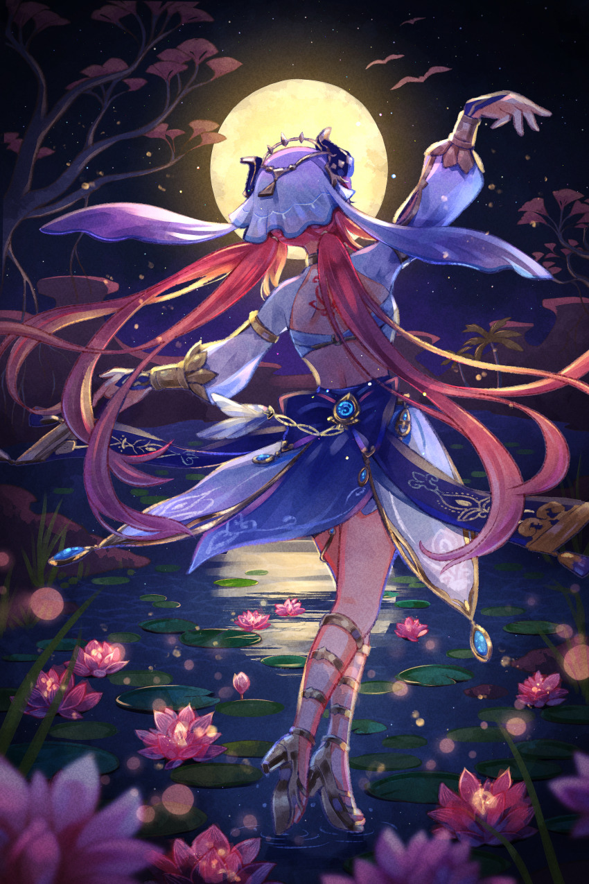1girl, absurdres, arm_up, back_tattoo, dancing, floating_hair, flower, from_behind, full_body, full_moon, genshin_impact, gradient_hair, high_heels, highres, hina_cassiopeia, horns, long_hair, miniskirt, moon, multicolored_hair, night, nilou_(genshin_impact), outdoors, outstretched_arms, pink_flower, pink_hair, red_hair, shoulder_blades, skirt, sky, solo, star_(sky), starry_sky, tattoo, veil, very_long_hair, walking, walking_on_liquid, white_veil