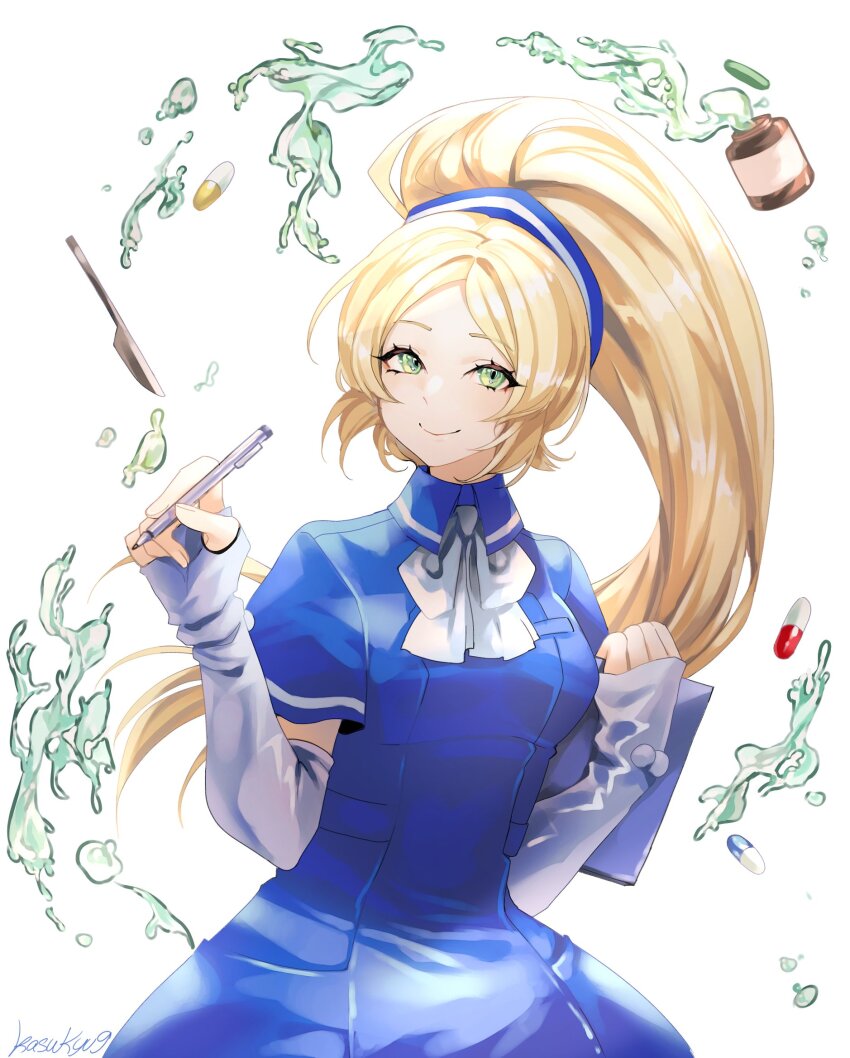 1girl, anzu_(anzuhan), arm_warmers, blonde_hair, blue_dress, chou_shittou_caduceus, clipboard, dress