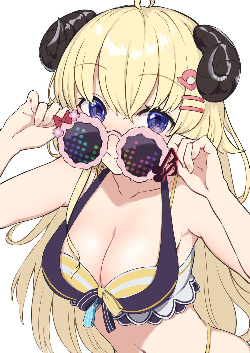 1girl, absurdres, adjusting_eyewear, ahoge, animal_ears, bikini, black_bikini, blonde_hair