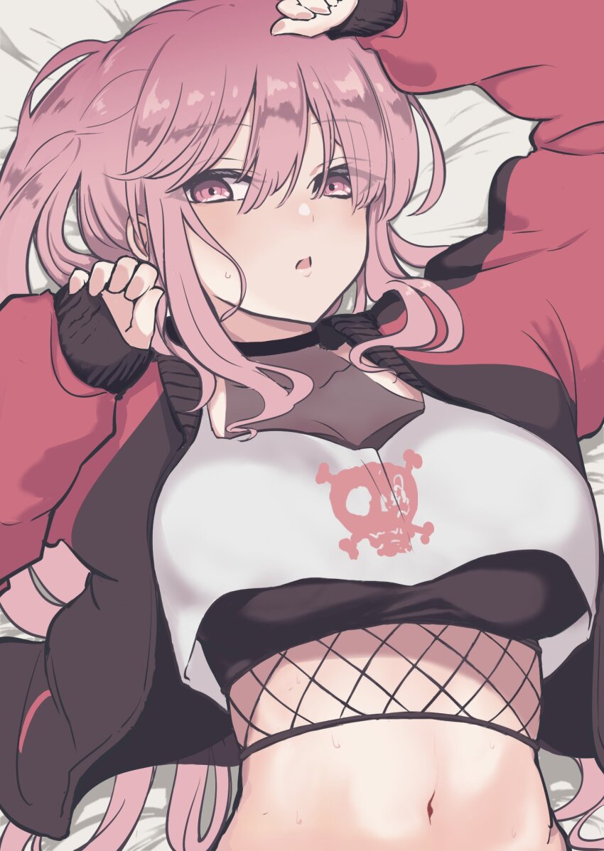 1girl, arm_up, bed_sheet, black_jacket, blush, breasts, commentary, crop_top